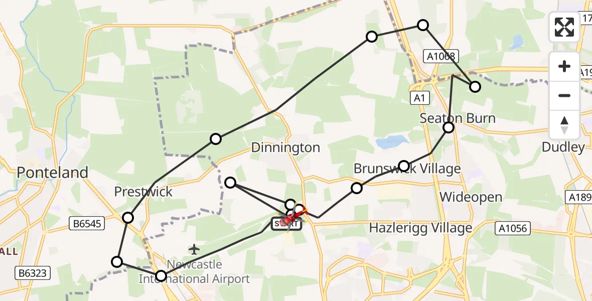 Flight path map showing Air Ambulance Helicopter route from Newcastle International Airport to Newcastle International Airport