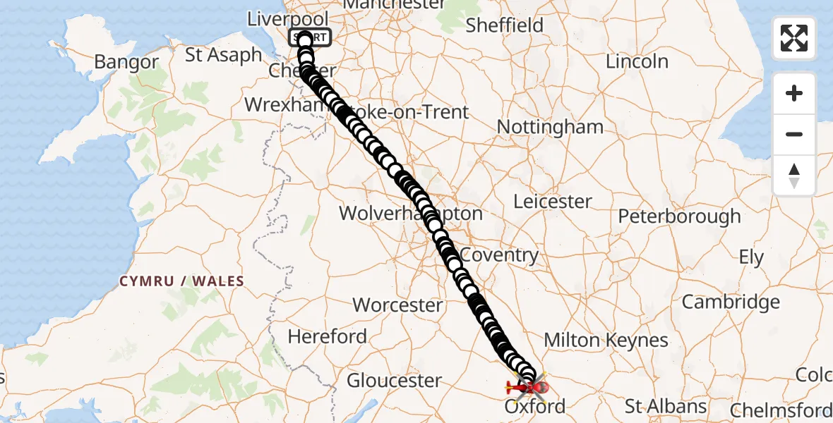 Flight path map showing Air Ambulance Helicopter route from Liverpool John Lennon Airport to London Oxford Airport