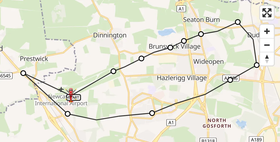 Flight path map showing Air Ambulance Helicopter route from Newcastle International Airport to Newcastle International Airport