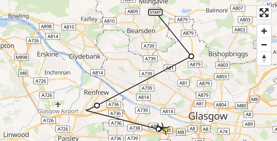 Flight path map showing Police Helicopter route from Milngavie to Glasgow