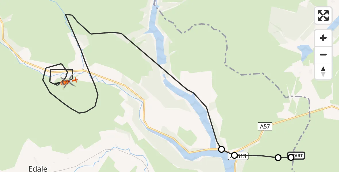 Flight path map showing Coastguard Helicopter route from Sheffield to High Peak