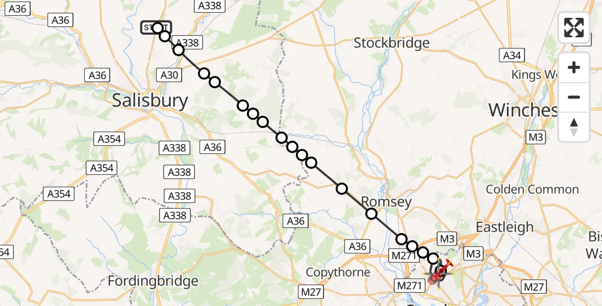 Flight path map showing Air Ambulance Helicopter route from Durnford to University Hospital Southampton