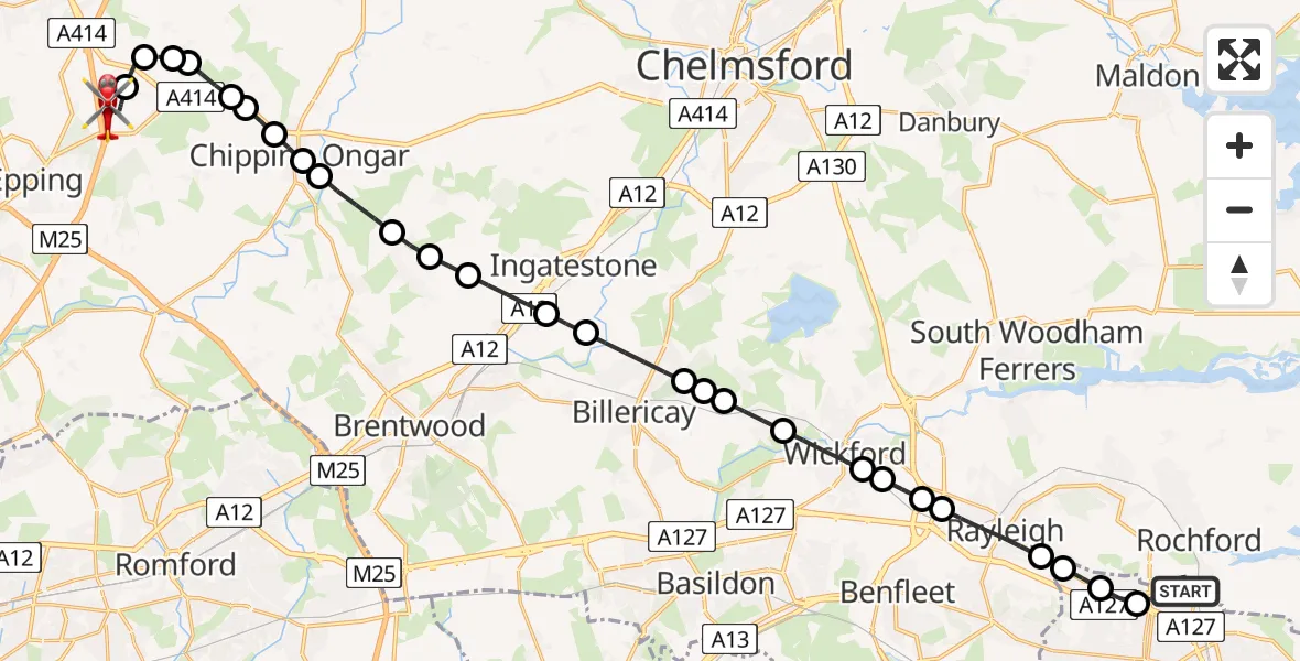 Flight path map showing Air Ambulance Helicopter route from London Southend Airport to North Weald Airfield