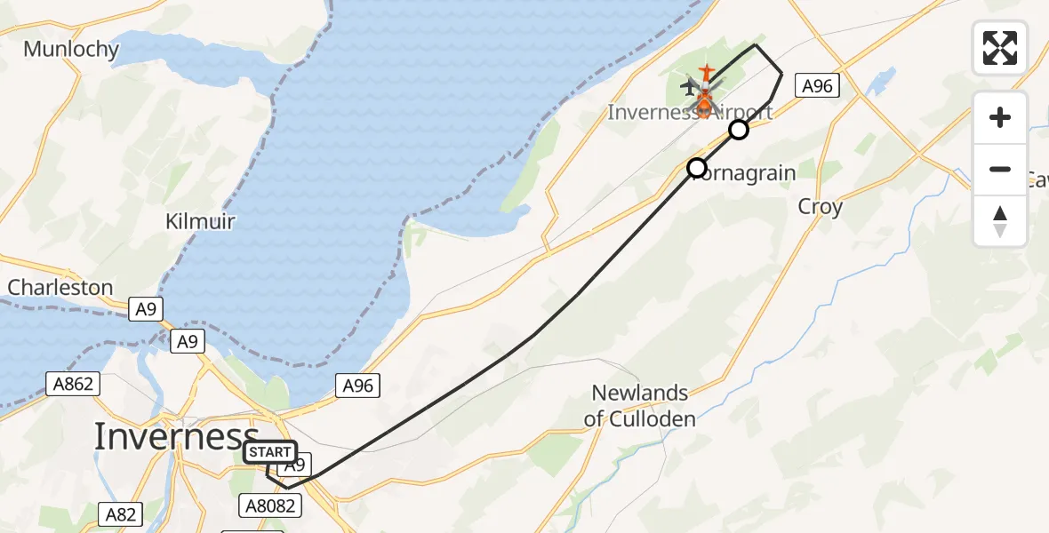 Flight path map showing Coastguard Helicopter route from Inverness to Inverness Airport