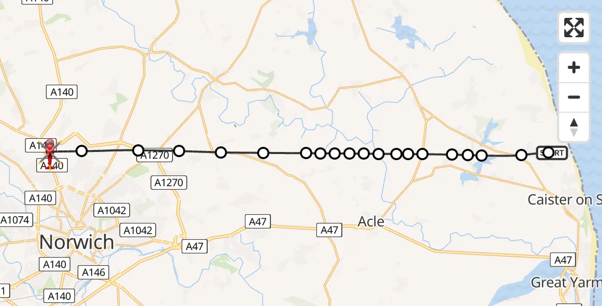 Flight path map showing Air Ambulance Helicopter route from Scratby to Norwich Airport