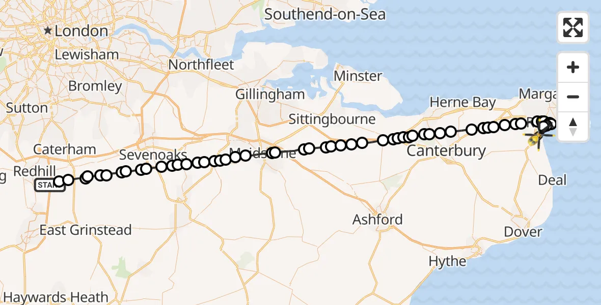 Flight path map showing Police Helicopter route from South Nutfield to Cliffsend