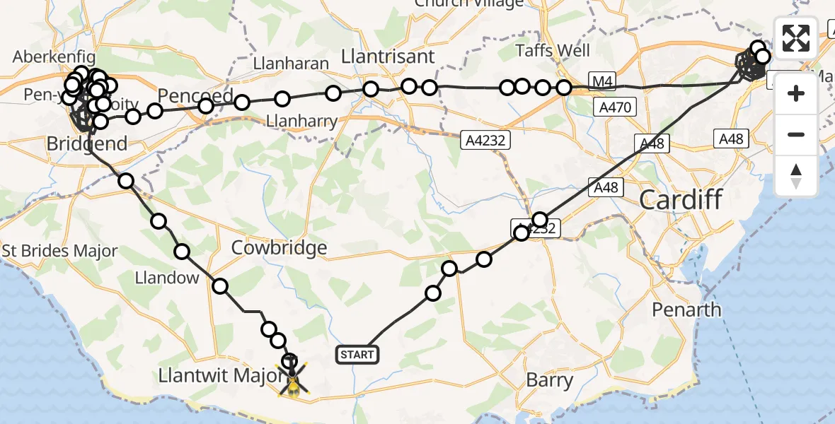 Flight path map showing Police Helicopter route from Llancarfan to MOD St Athan