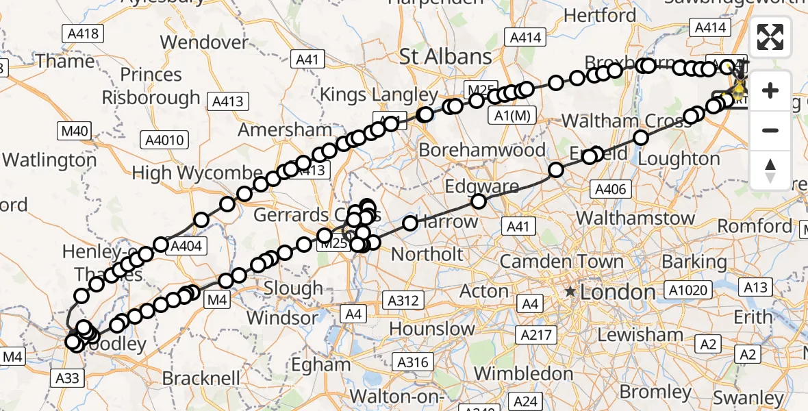Flight path map showing Police Helicopter route from North Weald Airfield to North Weald Airfield