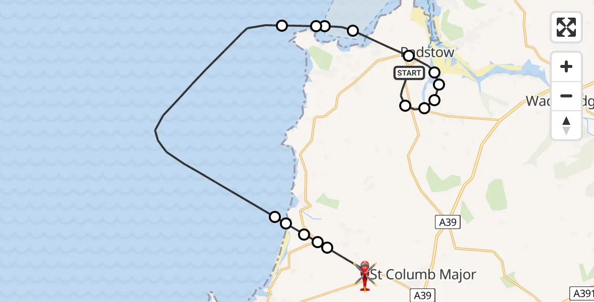 Flight path map showing Air Ambulance Helicopter route from Padstow to Cornwall Airport Newquay