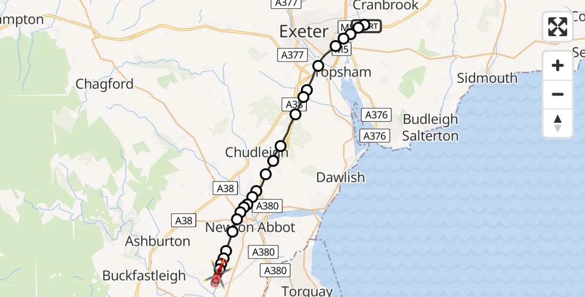 Flight path map showing Air Ambulance Helicopter route from Exeter International Airport to Ipplepen