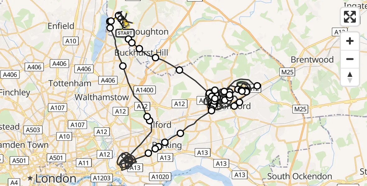 Flight path map showing Police Helicopter route from Sewardstonebury to Epping Forest