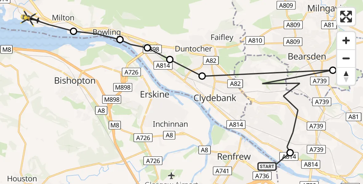 Flight path map showing Police Helicopter route from Renfrew to Dumbarton