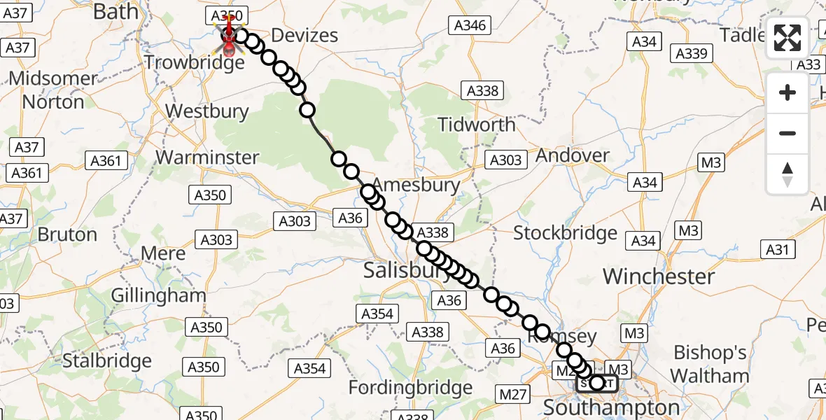 Flight path map showing Air Ambulance Helicopter route from University Hospital Southampton to Wiltshire Air Ambulance