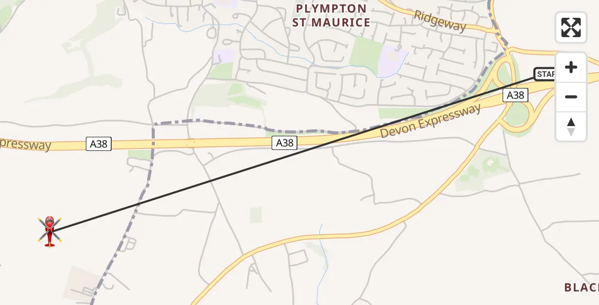Flight path map showing Air Ambulance Helicopter route from Sparkwell to Elburton Village