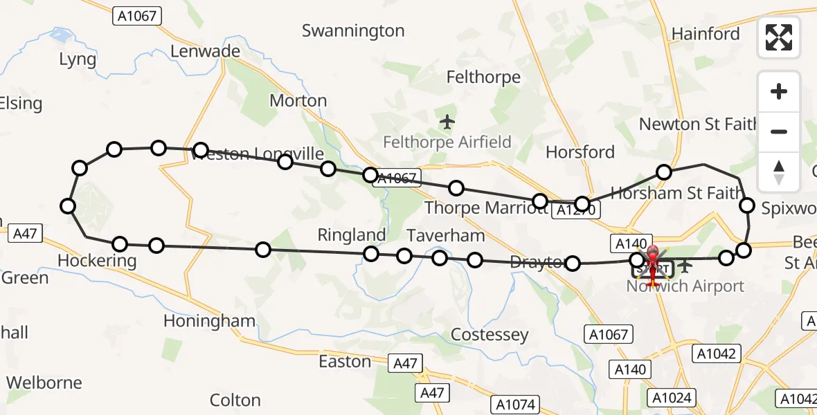 Flight path map showing Air Ambulance Helicopter route from Norwich Airport to Norwich Airport