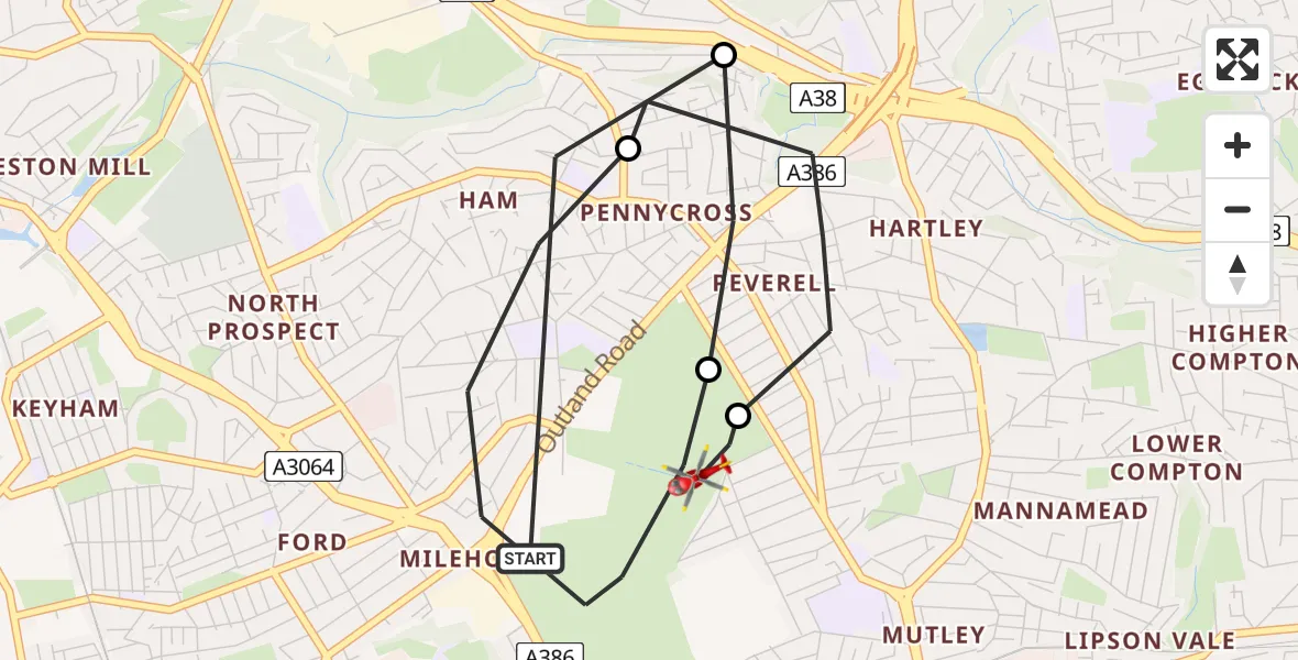Flight path map showing Air Ambulance Helicopter route from Plymouth to Plymouth