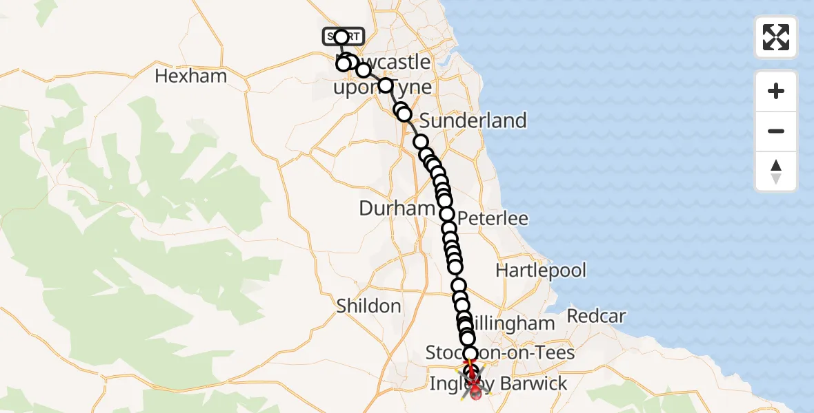 Flight path map showing Air Ambulance Helicopter route from Newcastle International Airport to Egglescliffe