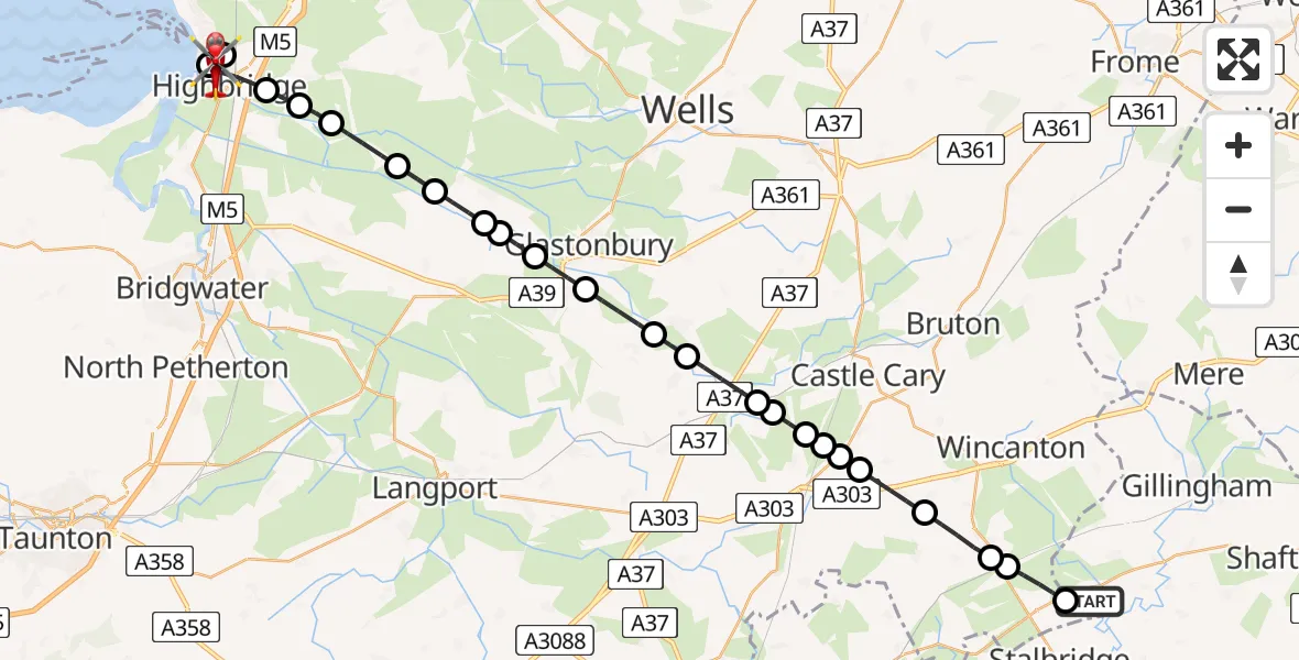 Flight path map showing Air Ambulance Helicopter route from Henstridge Airfield to Highbridge