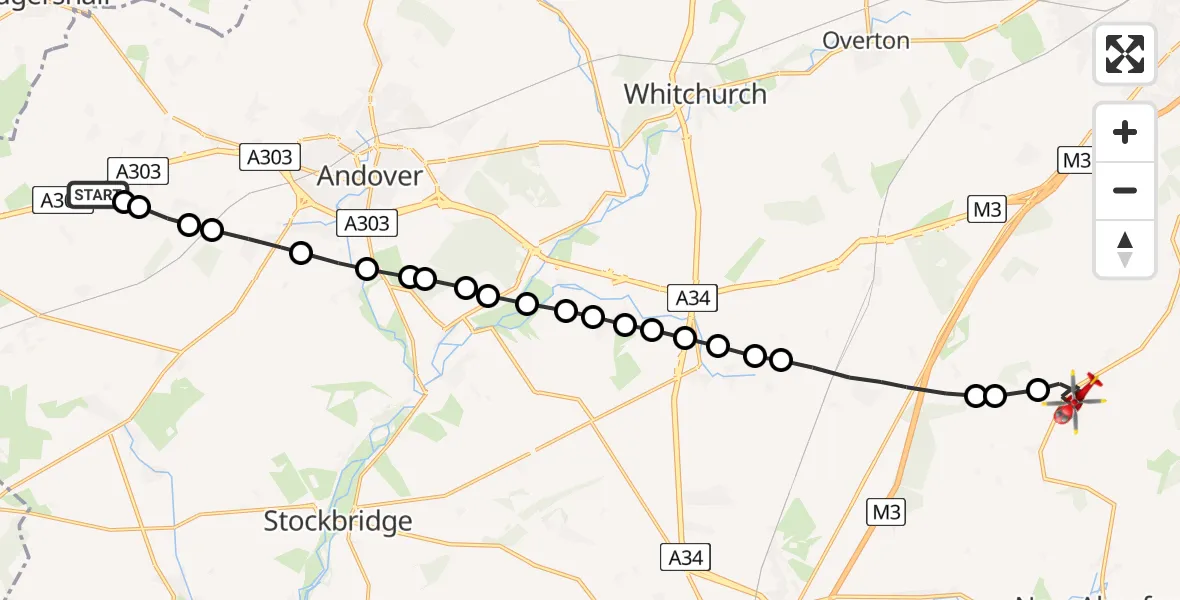 Flight path map showing Air Ambulance Helicopter route from Thruxton Aerodrome to Brown Candover