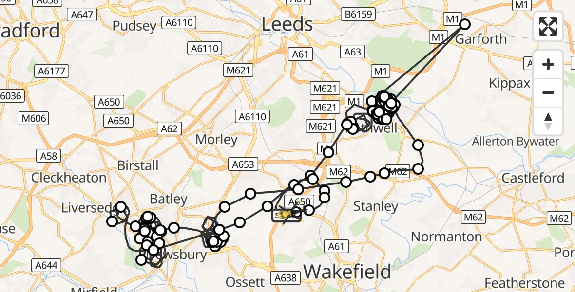 Flight path map showing Police Helicopter route from East Ardsley to East Ardsley