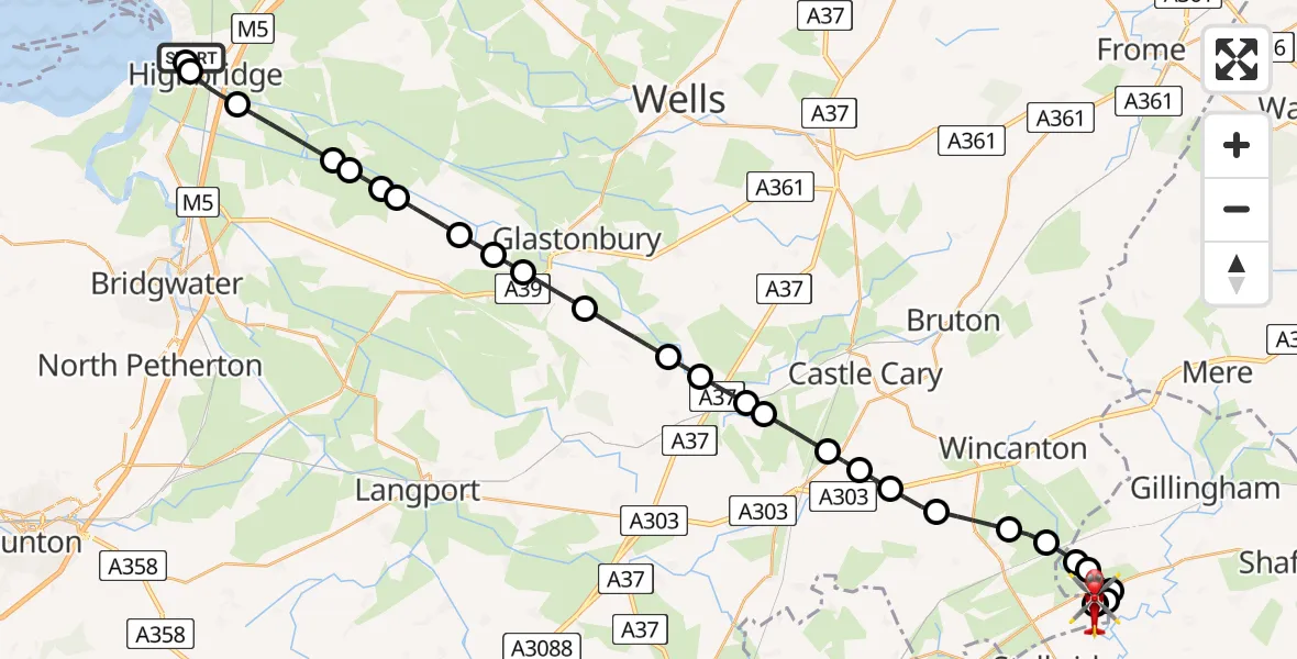 Flight path map showing Air Ambulance Helicopter route from Highbridge to Henstridge Airfield