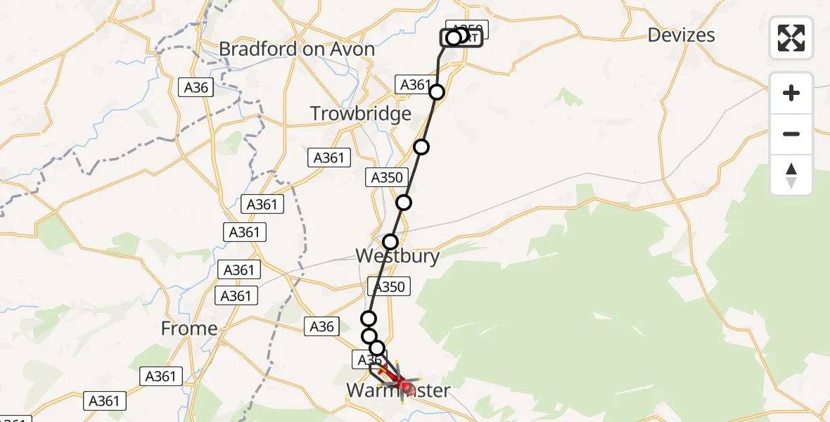 Flight path map showing Air Ambulance Helicopter route from Wiltshire Air Ambulance to Warminster