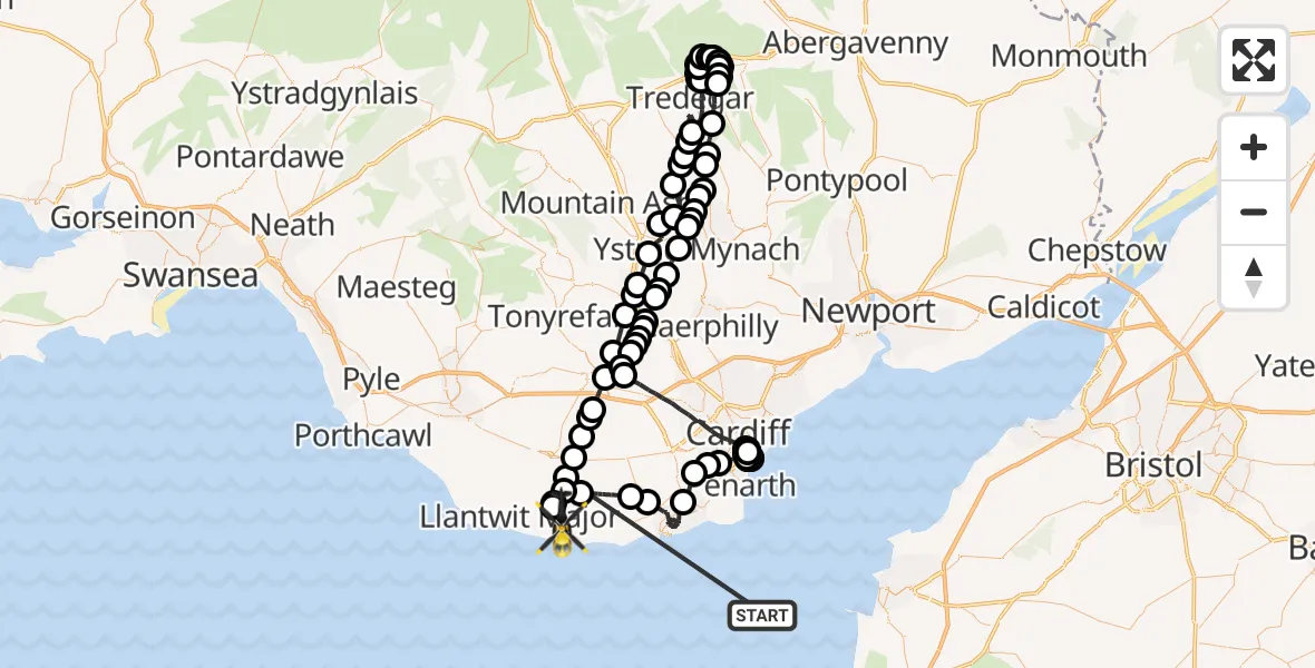 Flight path map showing Police Helicopter route from Bristol Channel to MOD St Athan