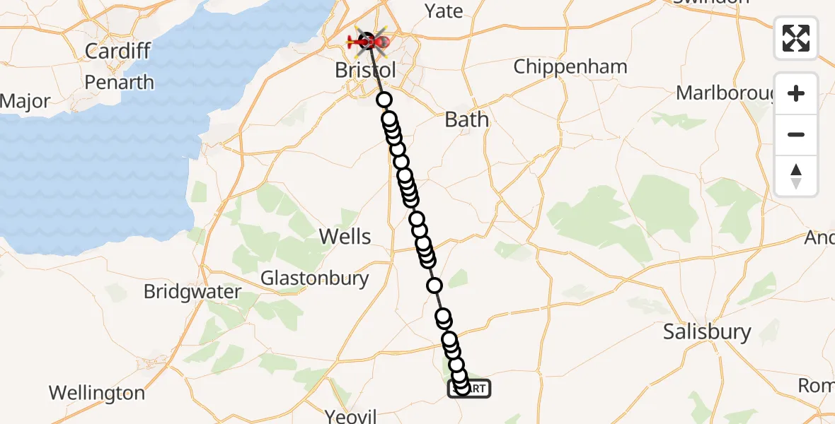 Flight path map showing Air Ambulance Helicopter route from Henstridge Airfield to Bristol