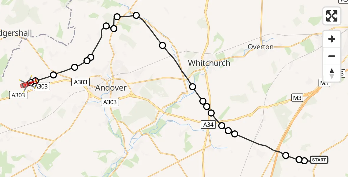 Flight path map showing Air Ambulance Helicopter route from Brown Candover to Thruxton Aerodrome