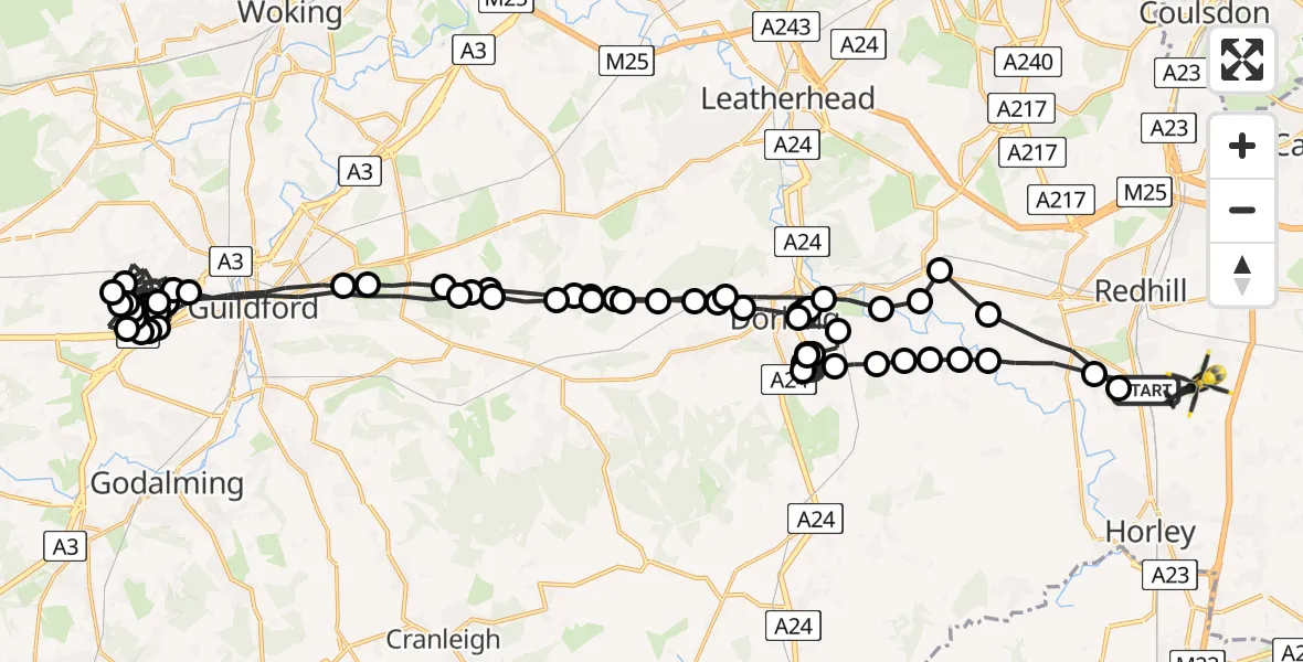 Flight path map showing Police Helicopter route from Salfords to Redhill Aerodrome