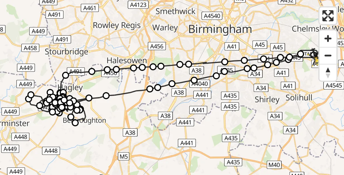 Flight path map showing Police Helicopter route from Birmingham to Birmingham Airport