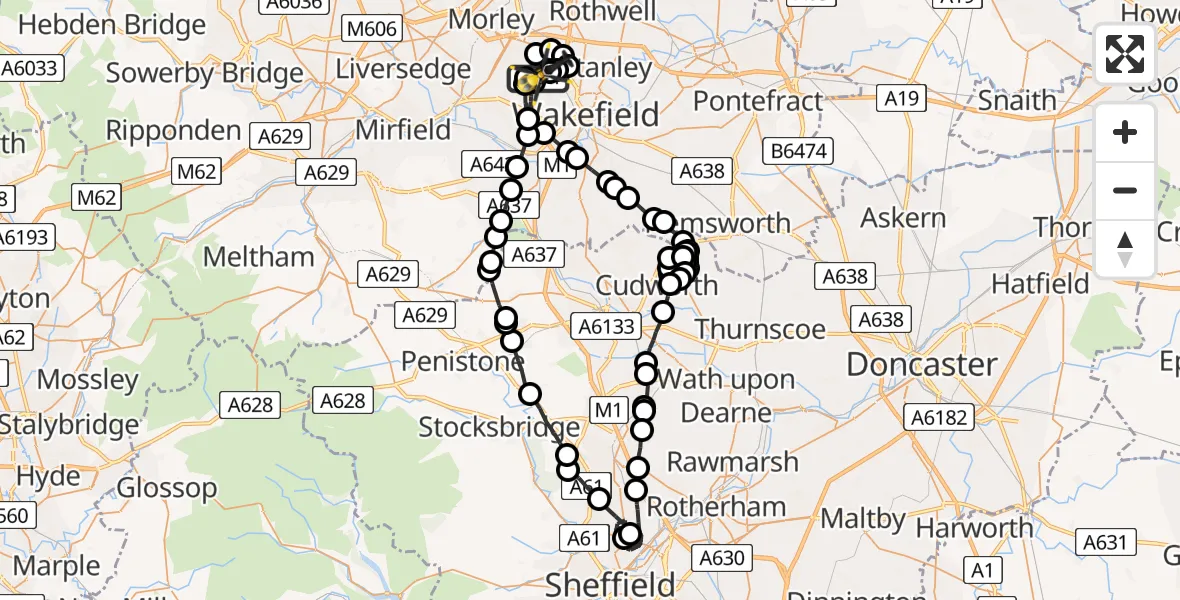 Flight path map showing Police Helicopter route from East Ardsley to East Ardsley