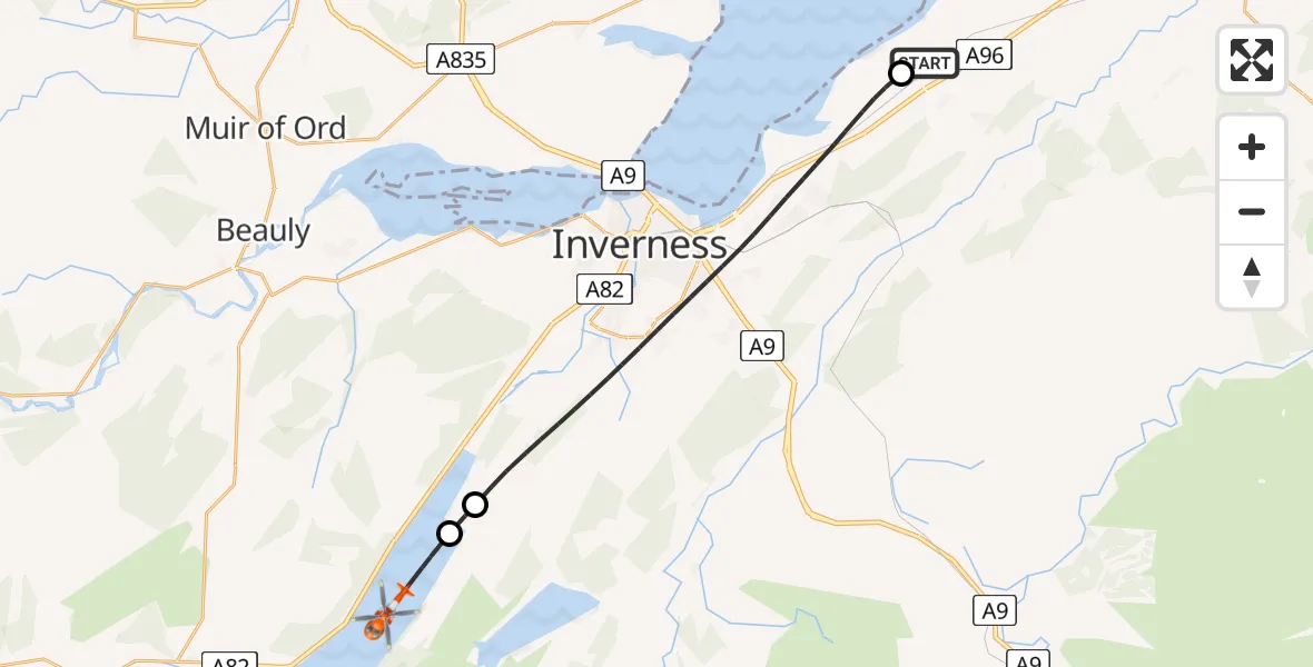 Flight path map showing Coastguard Helicopter route from Inverness Airport to Loch Ness