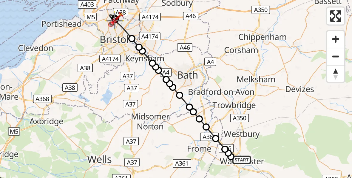 Flight path map showing Air Ambulance Helicopter route from Warminster to Bristol