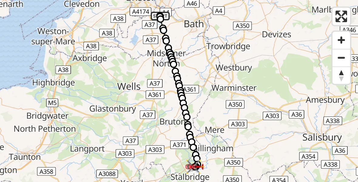 Flight path map showing Air Ambulance Helicopter route from Keynsham to Henstridge Airfield