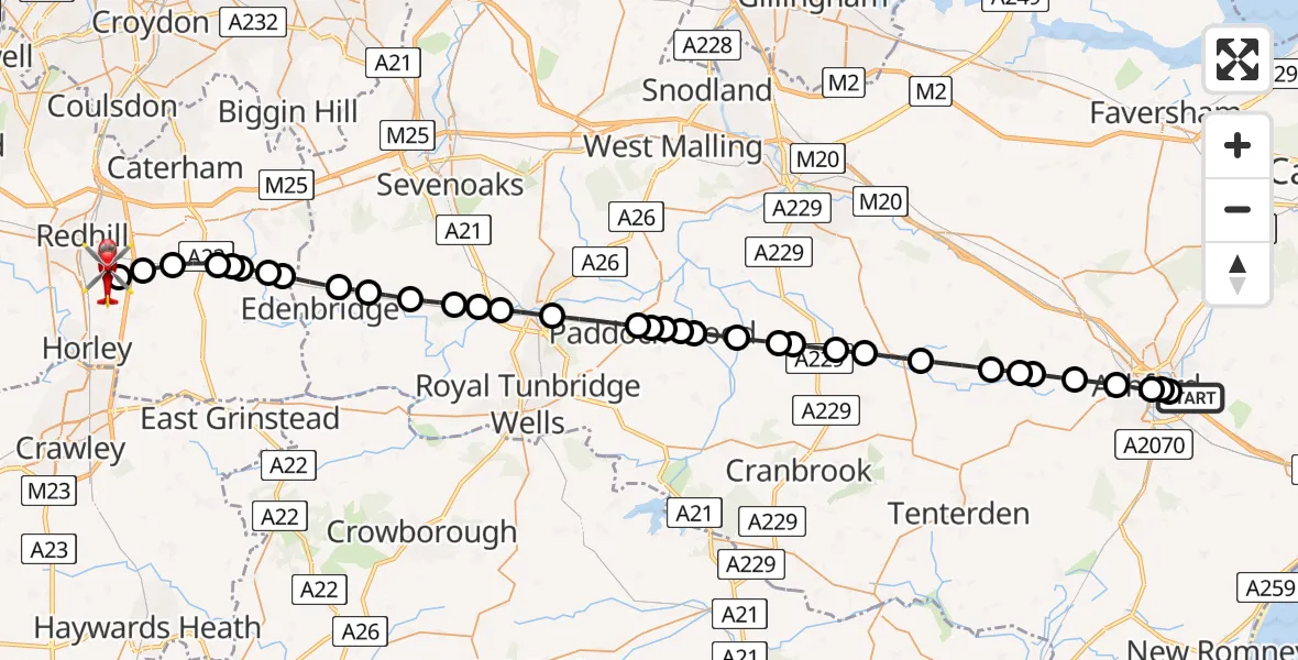 Flight path map showing Air Ambulance Helicopter route from Sevington to Redhill Aerodrome