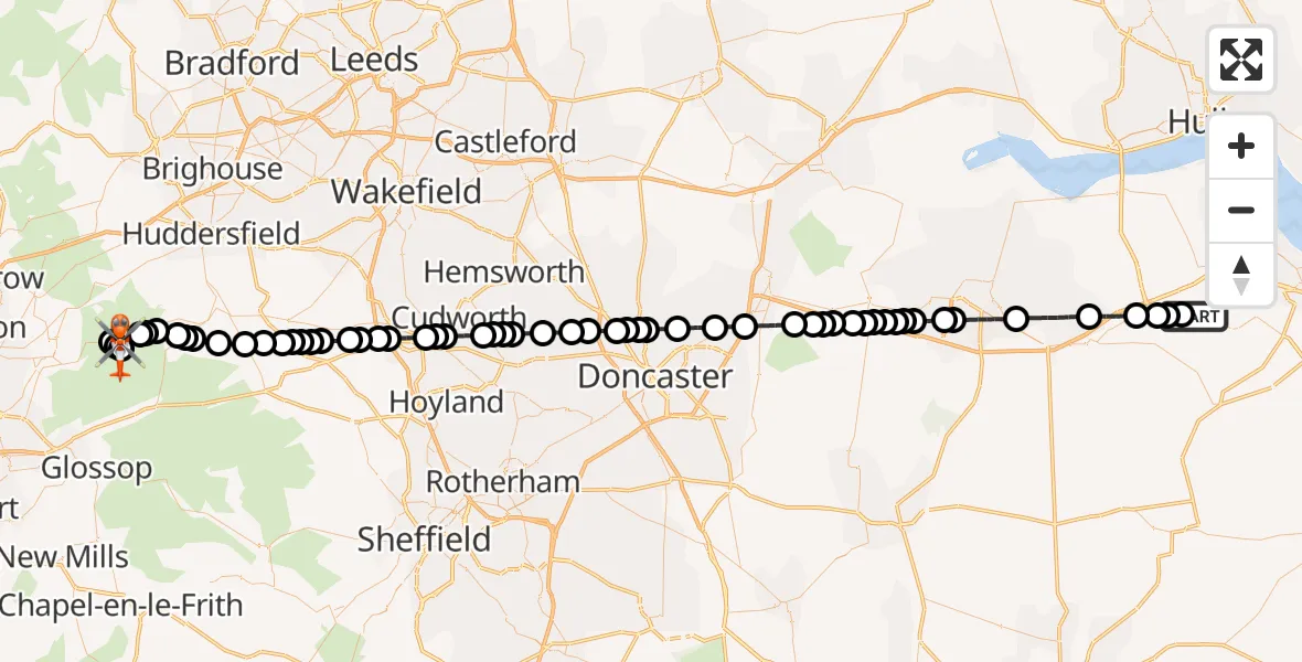 Flight path map showing Coastguard Helicopter route from Humberside Airport to Oldham