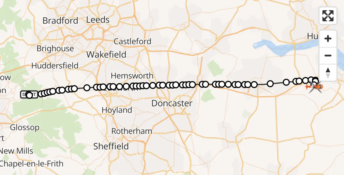 Flight path map showing Coastguard Helicopter route from Kirklees to Humberside Airport