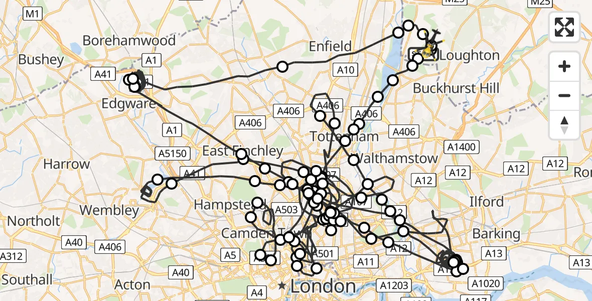 Flight path map showing Police Helicopter route from Sewardstonebury to Metropolitan Police Air Support Unit Lippitts Hill