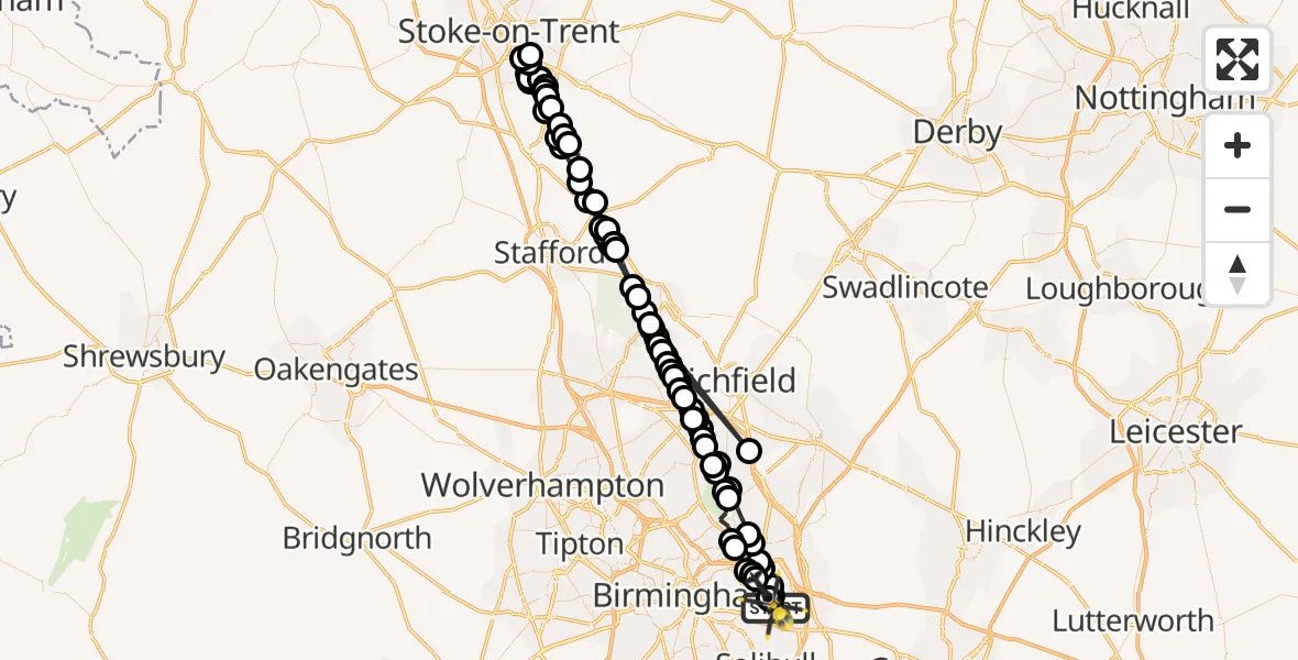 Flight path map showing Police Helicopter route from Birmingham Airport to Garretts Green