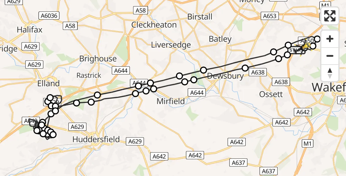 Flight path map showing Police Helicopter route from East Ardsley to East Ardsley