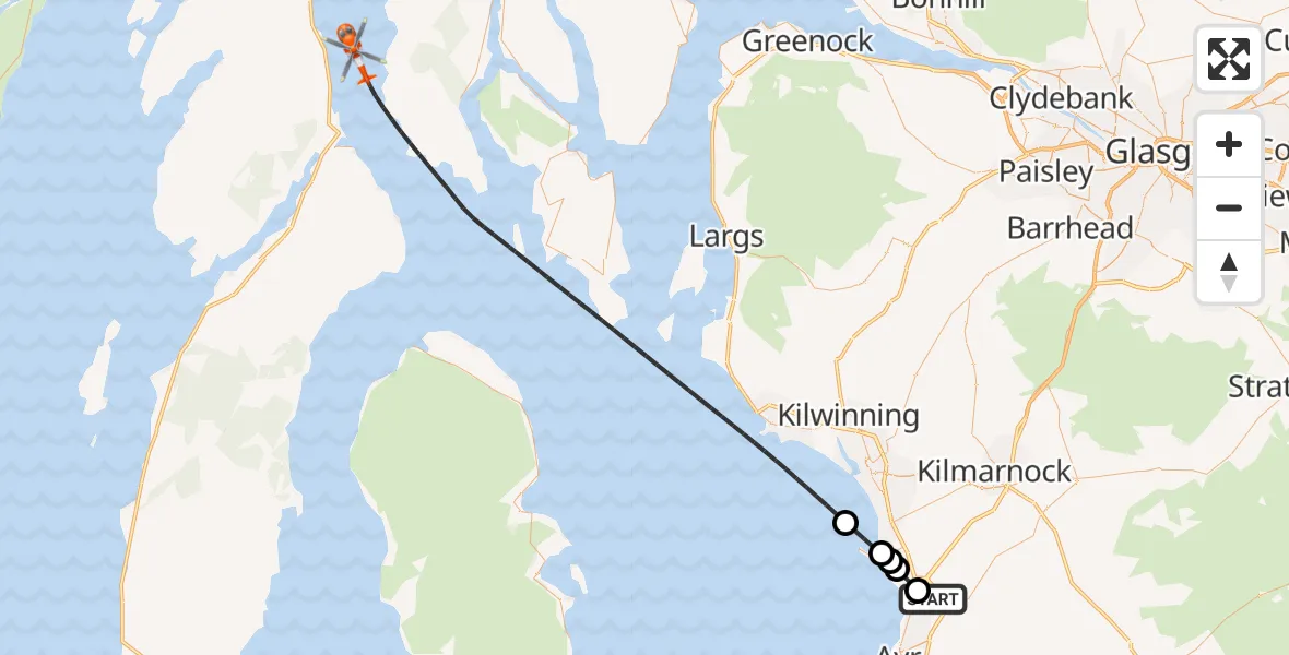 Flight path map showing Coastguard Helicopter route from Glasgow Prestwick Airport to Inner Seas