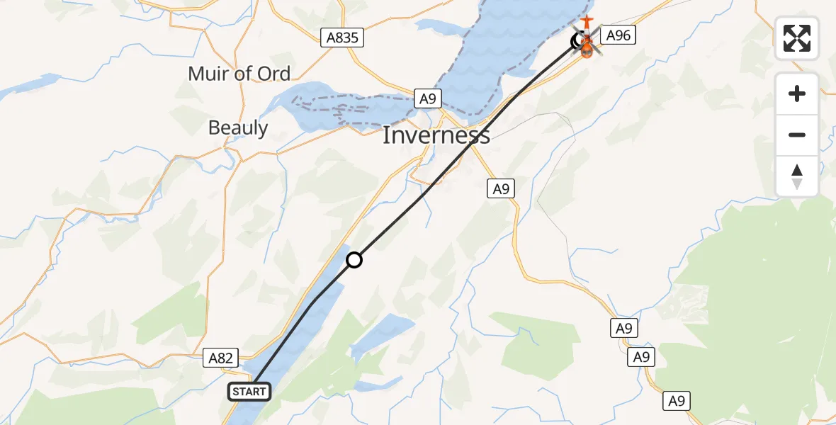 Flight path map showing Coastguard Helicopter route from Loch Ness to Inverness Airport