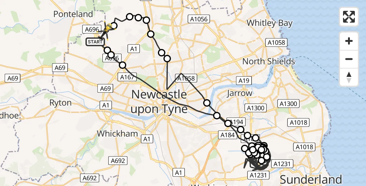 Flight path map showing Police Helicopter route from Callerton to Newcastle International Airport