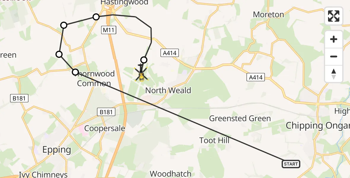 Flight path map showing Police Helicopter route from Epping Forest to North Weald Airfield