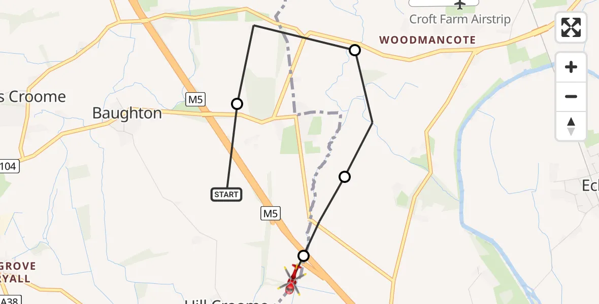 Flight path map showing Air Ambulance Helicopter route from Hill Croome to Hill Croome