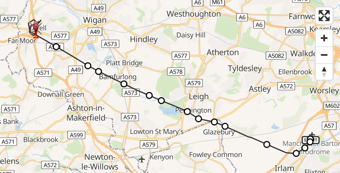 Flight path map showing Air Ambulance Helicopter route from Manchester Barton Aerodrome to Orrell