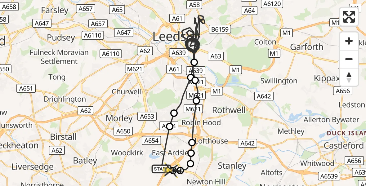 Flight path map showing Police Helicopter route from East Ardsley to East Ardsley