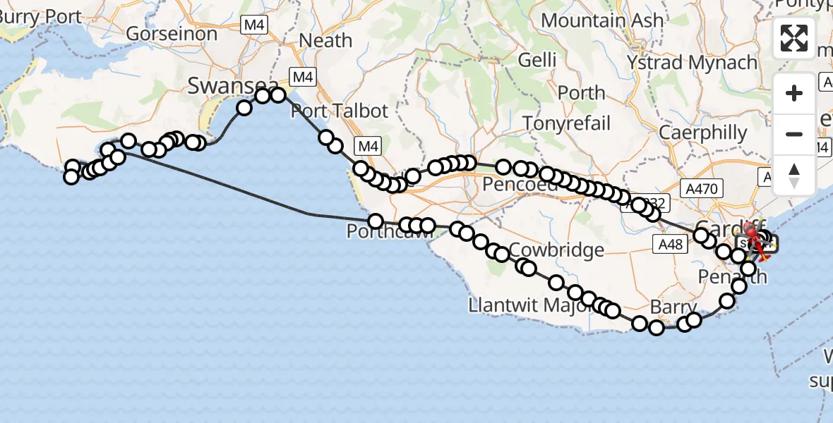 Flight path map showing Air Ambulance Helicopter route from Cardiff Heliport to Cardiff Heliport