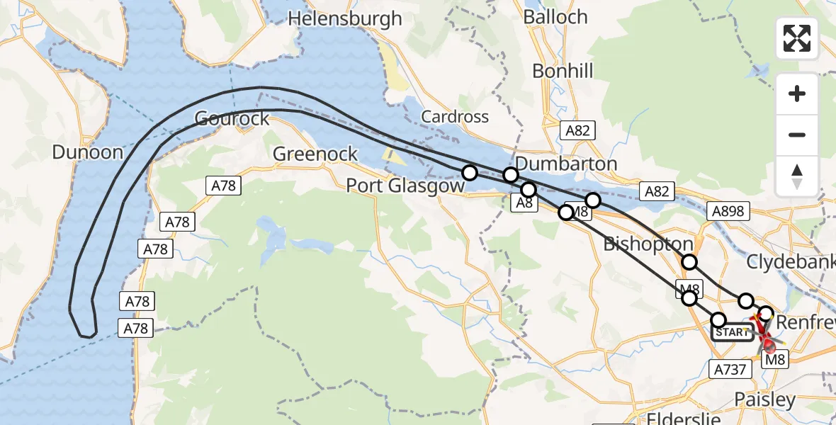 Flight path map showing Air Ambulance Helicopter route from Glasgow Airport to Glasgow Airport